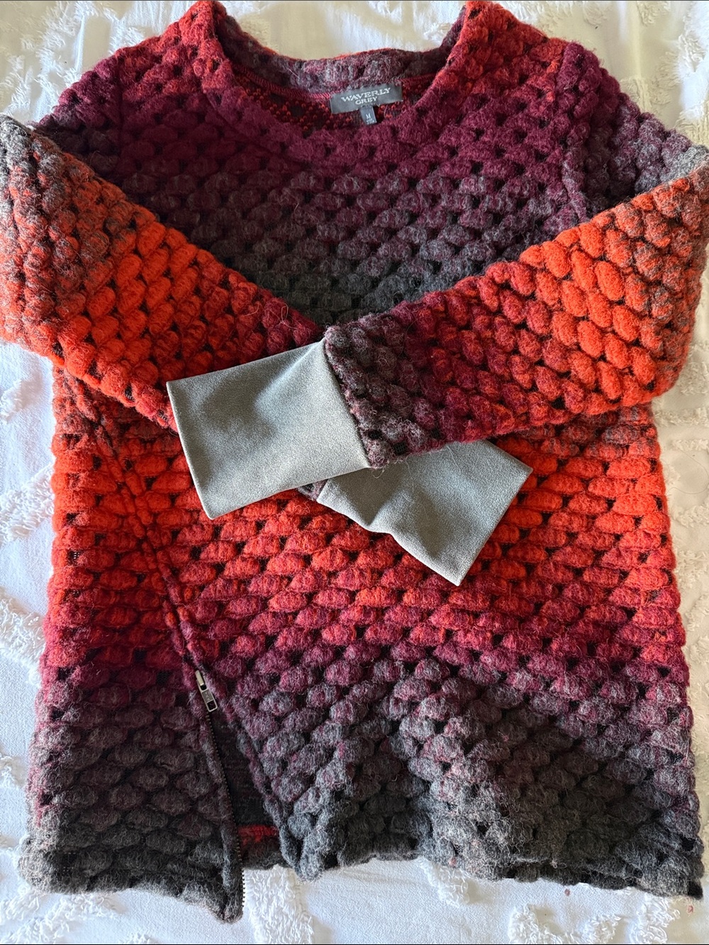 Waverly Grey Ombre Bubble-Knit Crew in Red, Orange and Gray